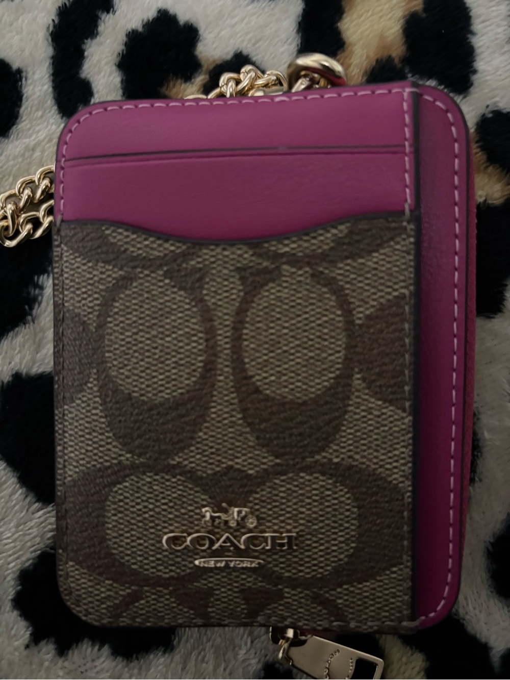Coach Brown Monogram Card Case with Magenta Trim and Gold Chain - Picture 2 of 9